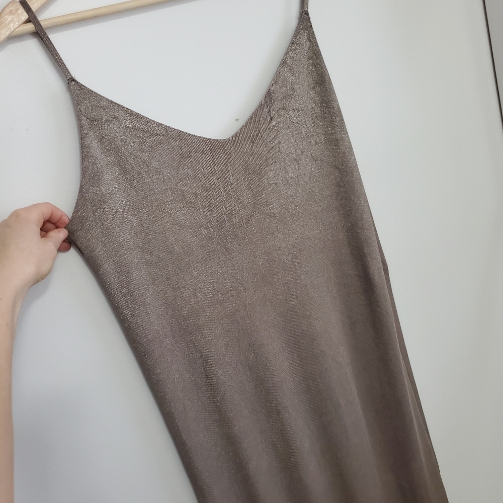 Zara Medium Knit Maxi Dress Ribbed Metallic Tan Bronze Thin Strap Low Back Sexy